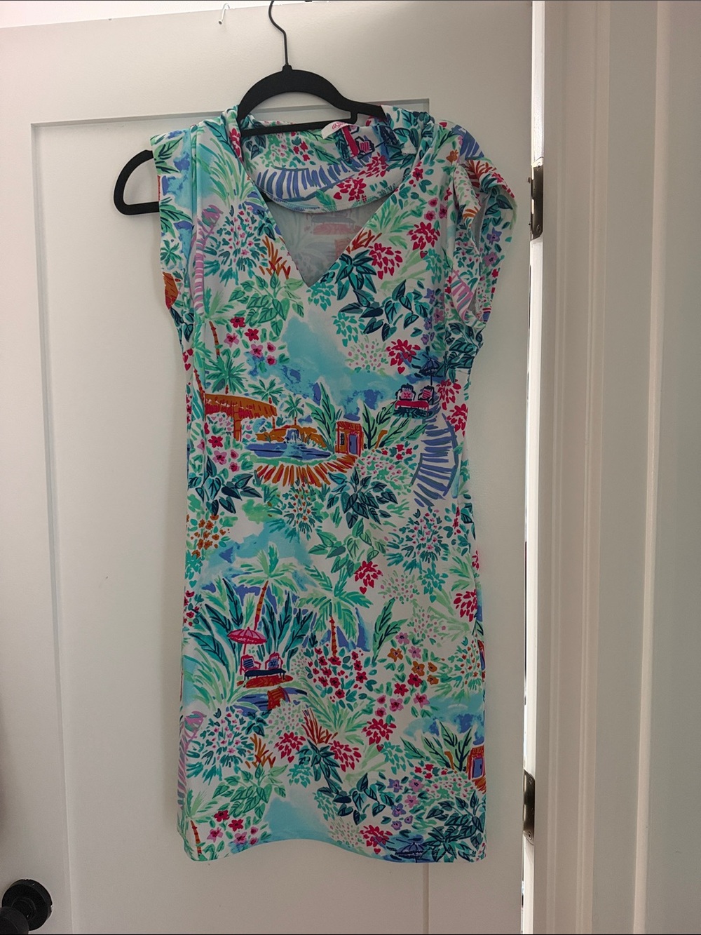 Aryeh Aqua Tropical Floral V-Neck Cap Sleeve Dress